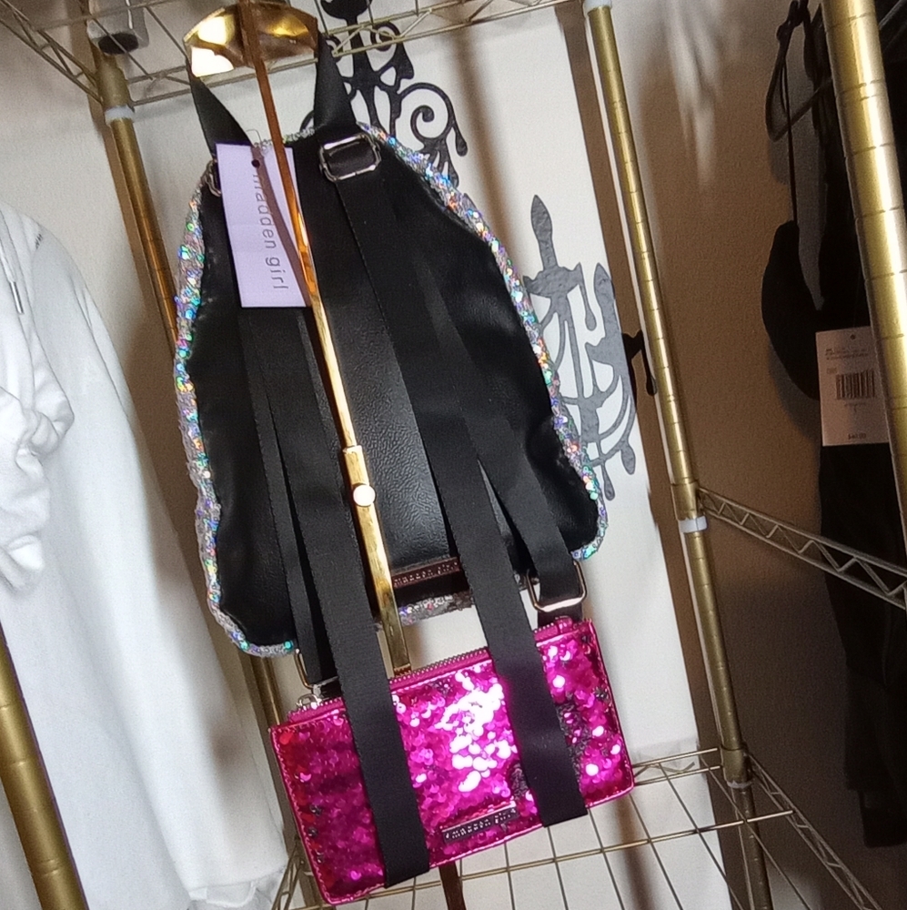 Madden Girl Multifaceted Sequin Backpack with Black Patent Leather key Chain - Picture 4 of 17